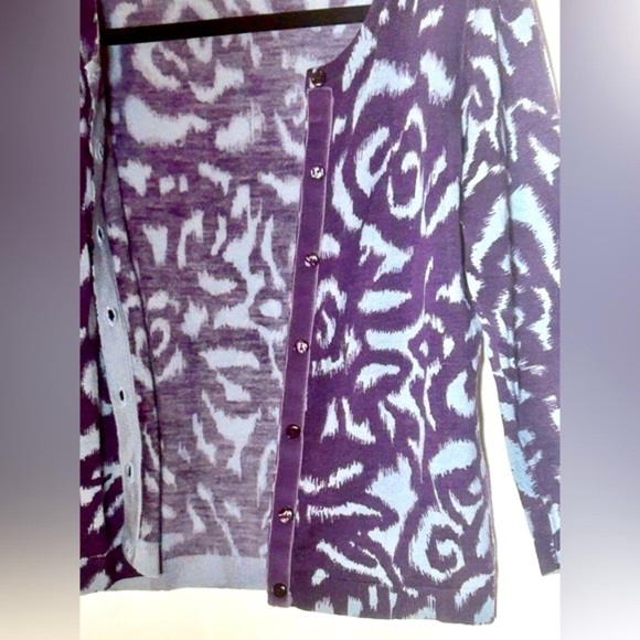 Boden 100% Wool Button-Up Cardigan in Purple & Blue Swirls w/ Suede Placket, 6 - Picture 10 of 16